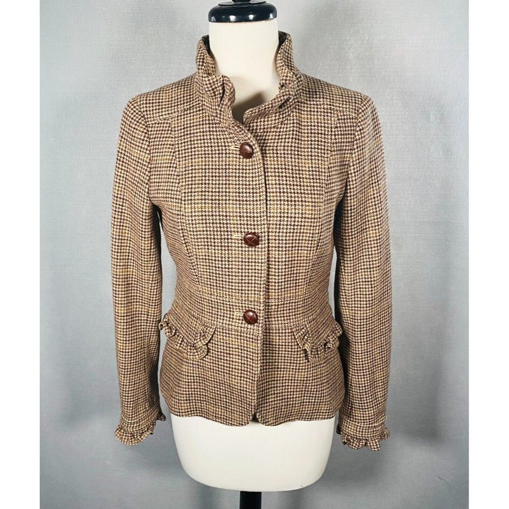 J Crew Blazer Womens Brown Wool Blend Houndstooth Jacket Ruffle